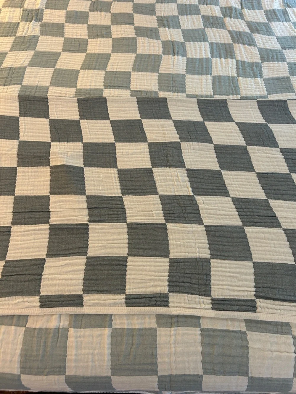 Dark Teal Gray Check Throw Blanket Cotton Bamboo Blend Patchwork Quilt Style NEW